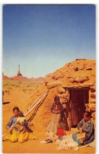 Navajo Family & Hogan Native American Indians 1958 Holbrook, AZ Vintage Postcard