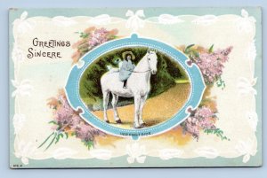 Little Girl On White Horse First Ride Greetings Sincere Embossed DB Postcard D16