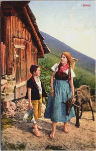 Switzerland Boy and Girl with a Goat Vintage Postcard C219