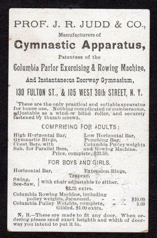 JR JUDD & CO*NYC*GYMNASTIC APPARATUS*COLUMBIA PARLOR EXERCISING & ROWING MACHINE