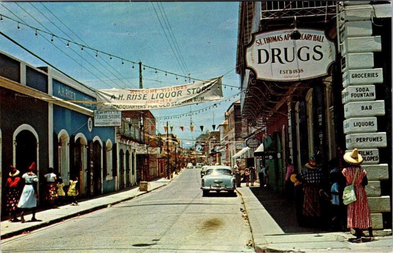 Charlotte Amalie, ST Thomas Virgin Islands STREET SCENE Drug Store~Cars Postcard