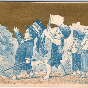 c1880s Unique Little Boy in Top Hat Leading Children Litho Gold Trade Card C34