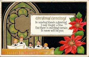 Christmas Art Deco Children Choir Poinsettias Embossed Postcard V4