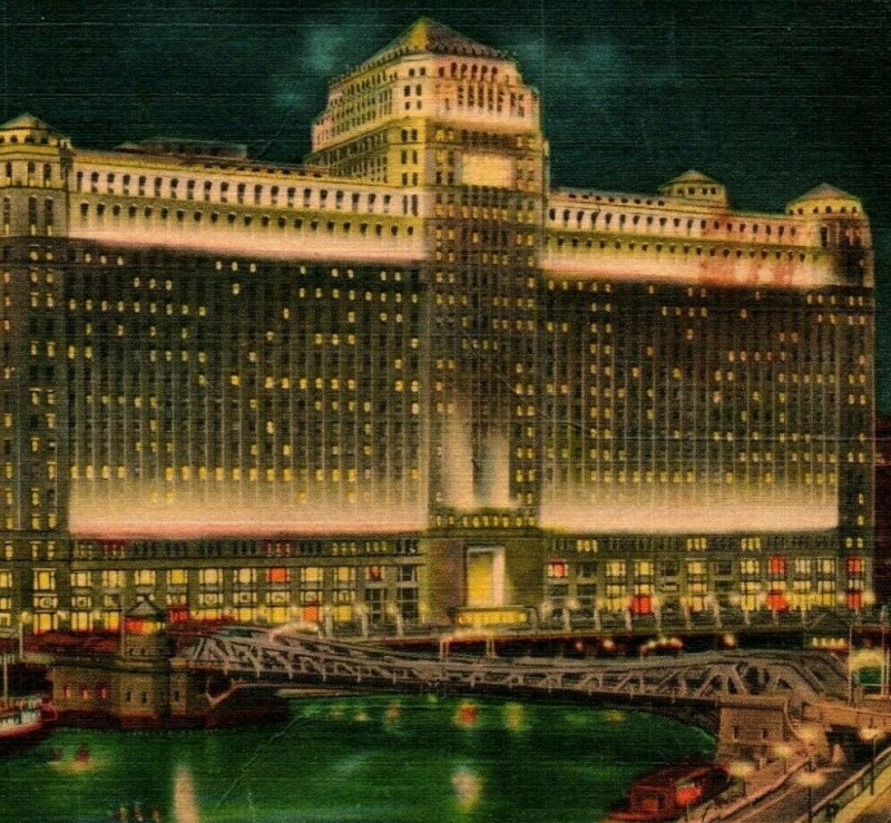 Vtg Linen Postcard Chicago Illinois The Merchandise Mart By Night Curt Teich