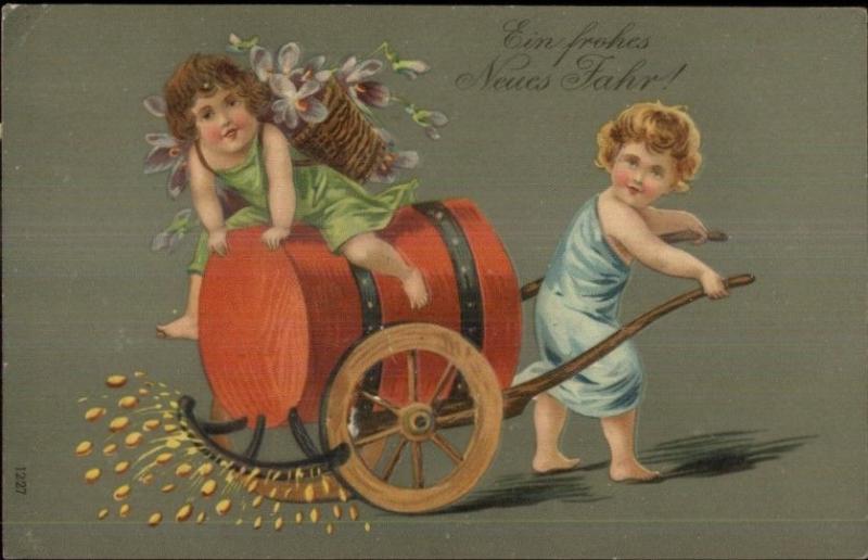 Foreign New Year - Cherubs Paving Street w/ Gold c1910 Postcard