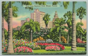 Miami Florida~View of Skyline From Bayfront Park~1940s Linen Postcard