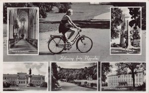 UPPSALA SWEDEN-BEAUTIFUL BLONDE ON BICYCLE-MULTI IMAGE 1947 POSTCARD