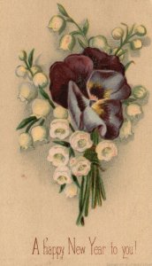 1880s-90s Purple Flowers A Happy New Year to You! Trade Card