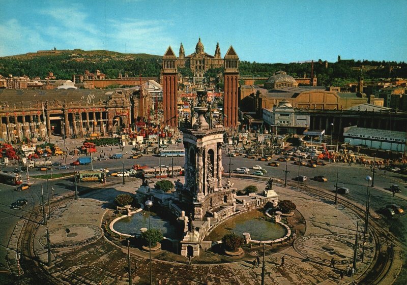 Postcard Palau Nacional Plaza España Palacio National Museum in Barcelona, Spain