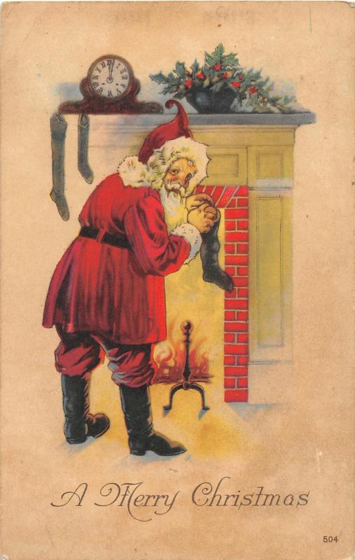 F61/ Santa Claus Merry Christmas Holiday Postcard c1920 Fireplace Stockings 15