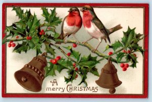 Christmas Postcard Song Birds And Holly Berries Bells Nash New Bedford MA 1910