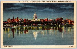 Madison Wisconsin, State Capitol Building at Night, Waterfront, Vintage Postcard