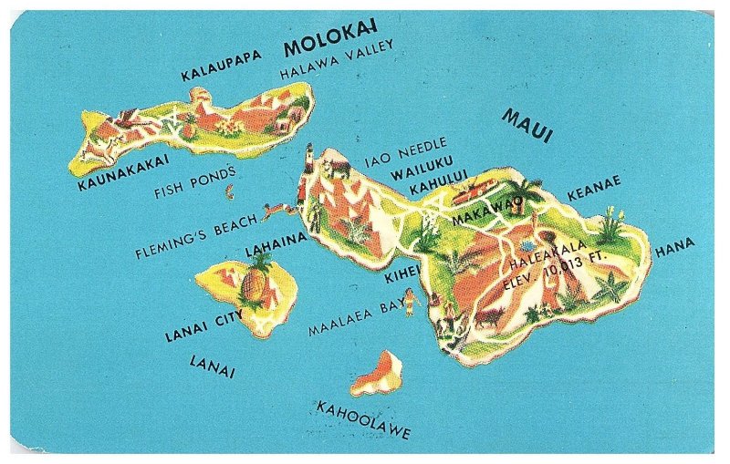 Maui County Island Map w/ Art Work by Aloha Airlines Hawaii Postcard