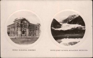 Hokitika New Zealand Publ Bldgs & Franz Joef Glacier Real Photo Postcard