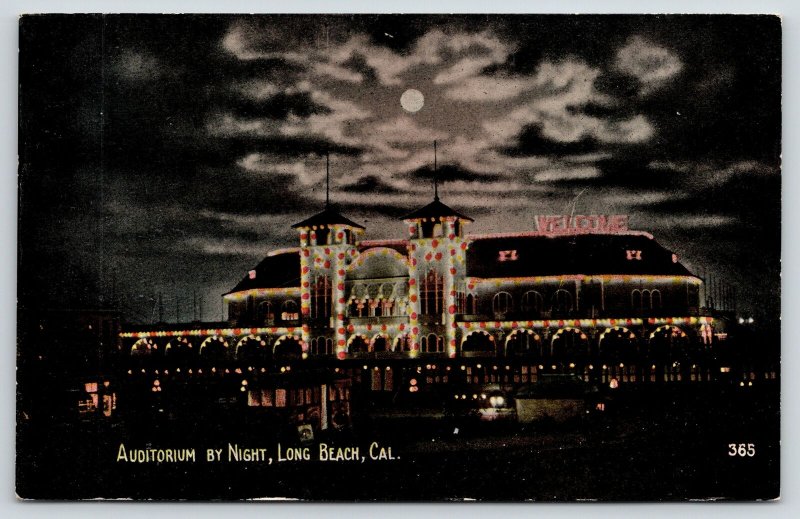 Long Beach California~Auditorium Night Lights~Colorful WELCOME~Full Moon~c1910 