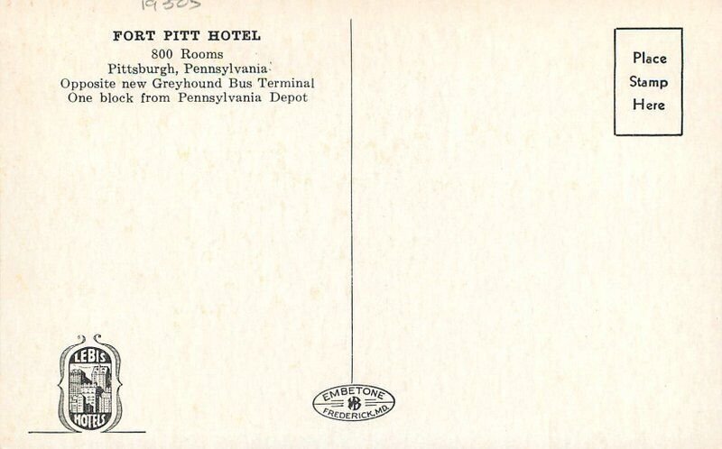 Pennsylvania Pittsburgh Fort Pit Hotel 1950s roadside bus autos Postcard 22-5977