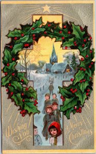 Postcard Christmas scene Children Church framed in cross with wreath