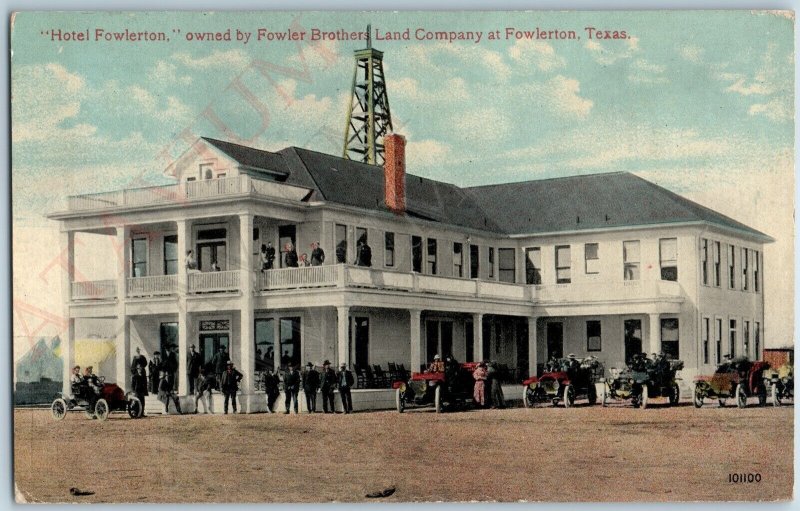 c1910s Fowlerton, TX Hotel Fowler Brothers PC Employees Touring Car Oil Rig A190