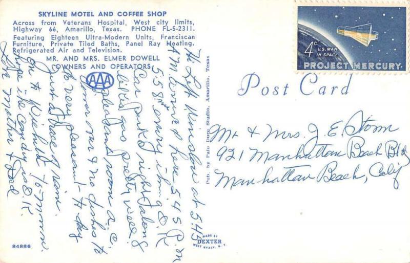 Amarillo Texas Skyline Motel Coffee Shop Vintage Postcard K35392