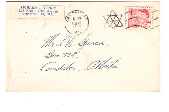 Cardston, Alberta Address, 1967 Vancouver Cancel