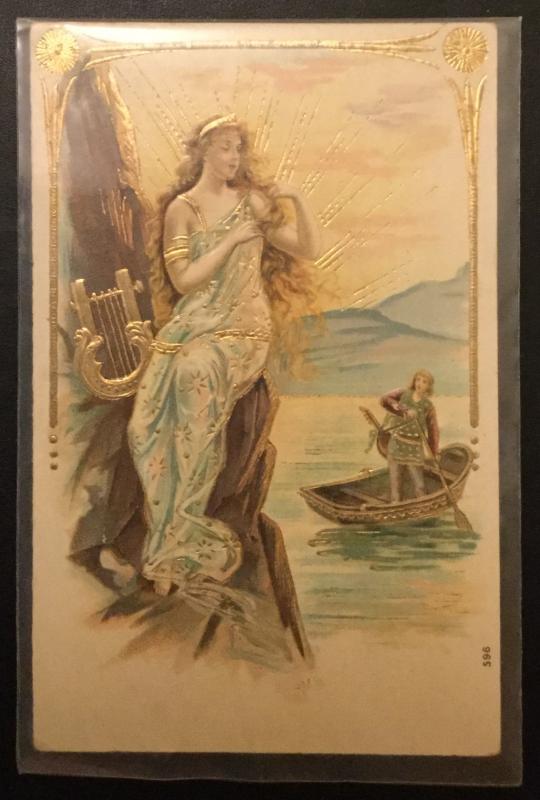 Postcard Unused Embossed Angel Harp boy in boat #596 LB