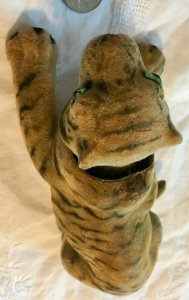 Vintage Felt Tiger Bobble Nodding Head 8” Green Eyes Teeth Unusual   SKU 043-106