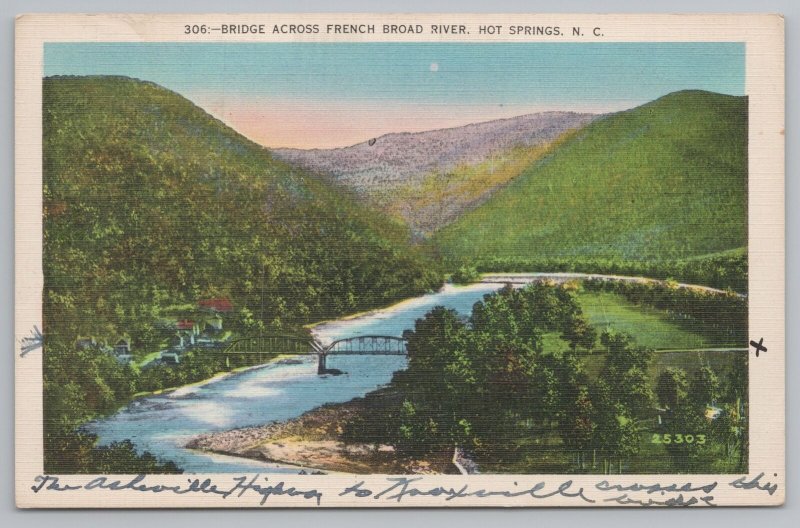 Hot Springs North Carolina~French Broad River Bridges~PM1942~Vintage Postcard 