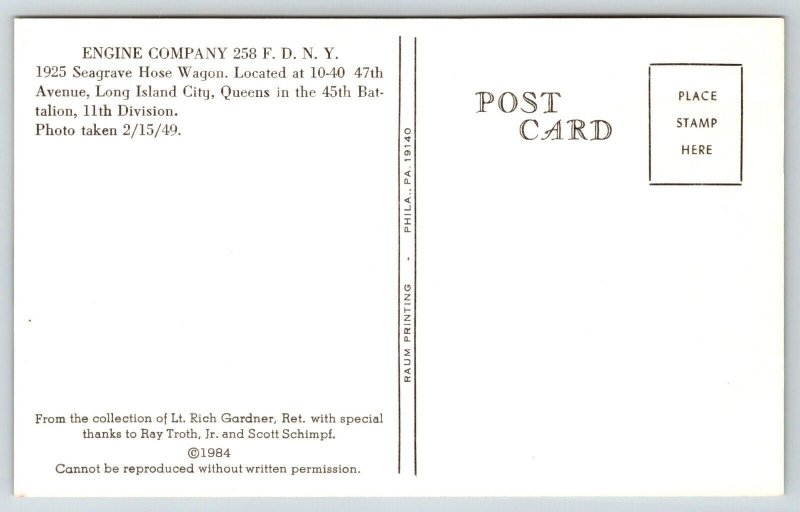 Fire Truck Engine - Fireman Postcard - FDNY - Engine Company #258