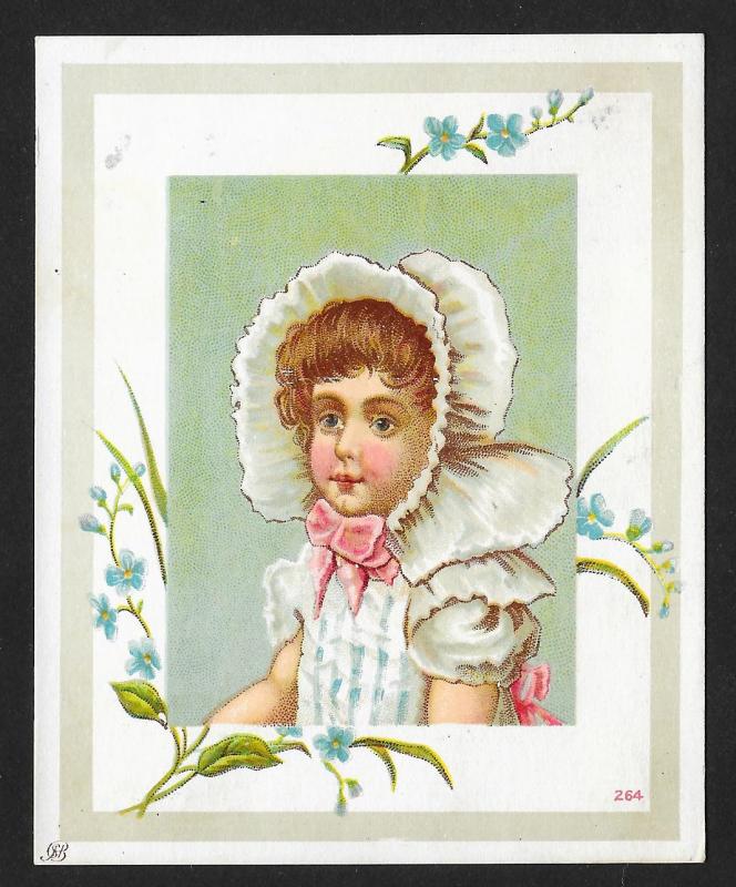 VICTORIAN TRADE CARD Cute Girl with Bonnet & Blue Flowers