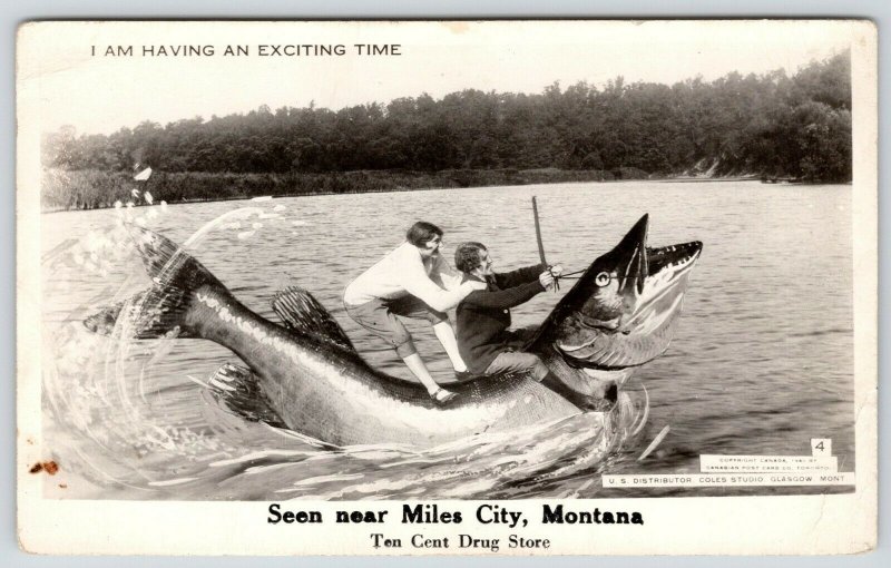 Exciting Time in Miles City Montana~Couple on Exaggerated Fish~1946 RPPC 