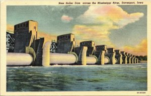 New Roller Dam Mississippi River Davenport Iowa IA Linen Postcard VTG UNP Unused 