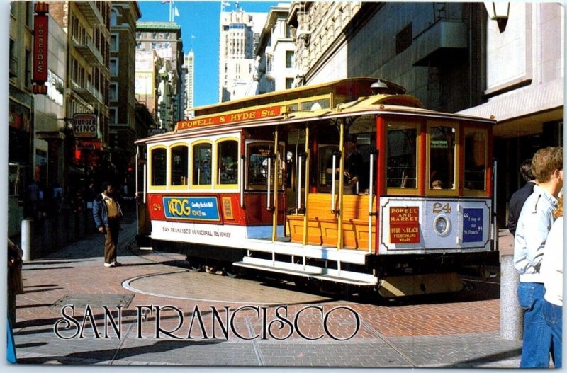Postcard - Cable car turntable at Powell and Market Streets - San Francisco, CA