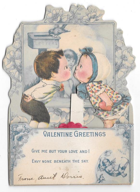 Vintage Valentine Children Kissing Fold Out Diecut Card Honeycomb Popup