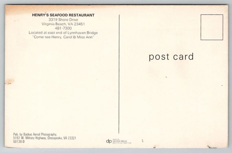 Virginia Beach VA Henrys Seafood Restaurant Aerial View Postcard S22