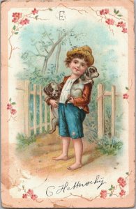 Victorian Style Boy with His Cute Puppies Vintage Postcard B111