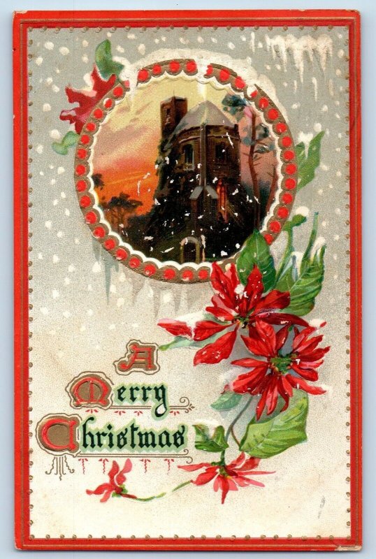 Christmas Postcard Poinsettia Winter Glories Embossed Sherbrooke Quebec Canada