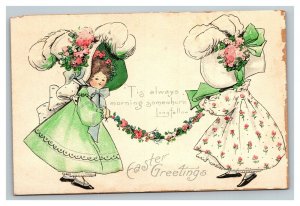 Vintage 1910's Easter Postcard Cute Girls Nice Dresses Flowered Rope Beautiful