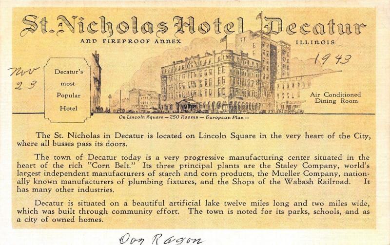 Decatur Illinois~St Nicholas Hotel @ Lincoln Square~Advertisement Postcard