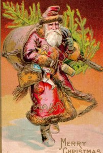 C. 1910 Fab Santa Claus Brown Fur Tree Christmas Embossed Vintage Postcard F33