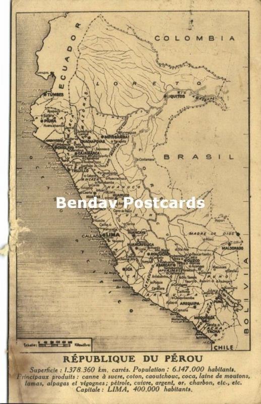 Peru Pérou, MAP Postcard (1946)