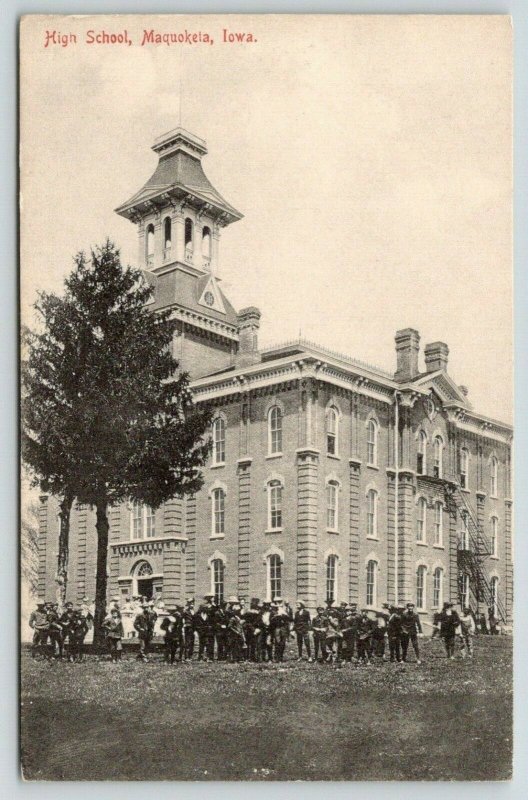 Maquoketa Iowa~High School~Students Outside~Tough Guys~Fire Escapes~c1910 B&W PC 