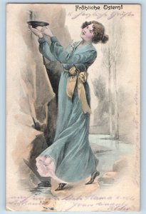 Berlin Germany Postcard Easter Pretty Woman With Plate c1905 Posted Antique