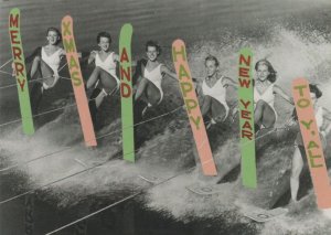 Water Skiing Surfers Happy New Year Sexy Women Greetings Postcard