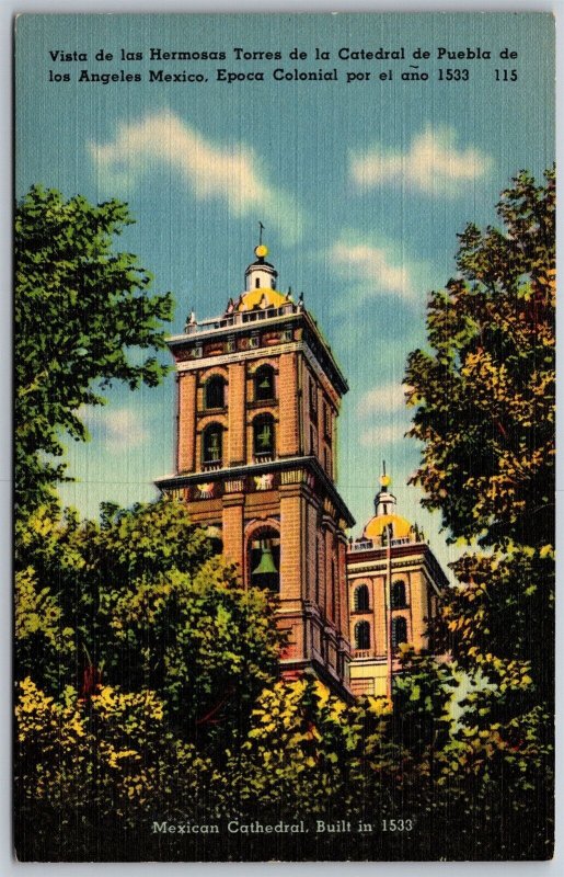 Vtg Mexico Cathedral Puebla de los Ángeles Towers 1940s Linen View Postcard