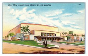 MIAMI BEACH, Florida FL ~ New CITY AUDITORIUM Art Deco c1940s Linen Postcard