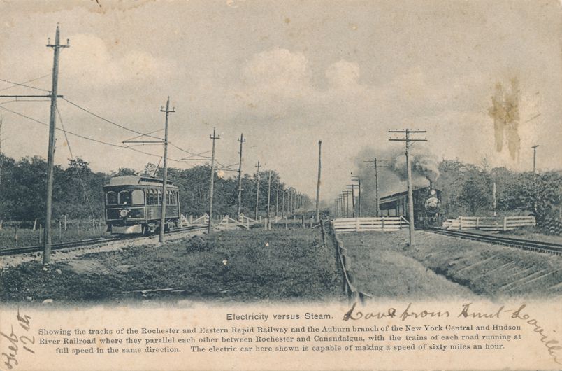 Electricity versus Steam Rochester Rapid Rail & New York Central Train pm 1906 United States