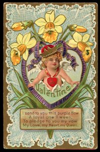 Vintage embossed valentine. Crowned child in heart. Daffodils. Gilt