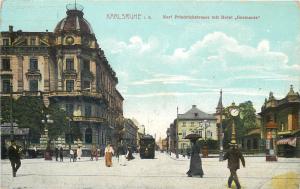 AK Karlsruhe Karl Friedrichstrasse mit Hotel  Germania  Germany tram