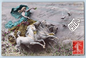 Old Fantasy Postcard RPPC Photo Woman Horses Flowers And Birds 1909 Antique