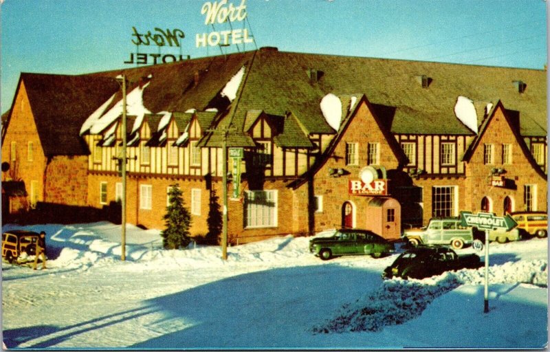 Vtg Jackson Wyoming WY Wort Hotel Silver Dollar Bar Old Cars 1950s View Postcard
